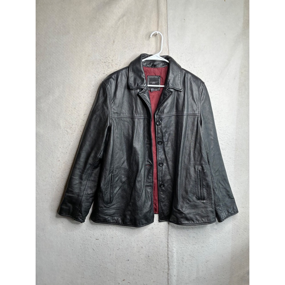 Colebrook & Co Black Leather Jacket Mens XL Button Front Burgundy Lining 8215